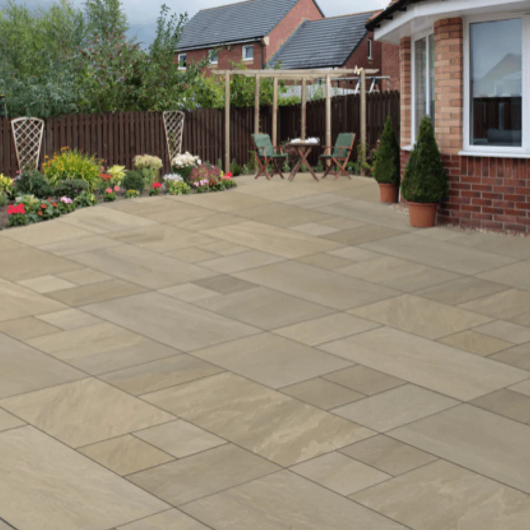 Bradstone Rock Porcelain Paving In Autumn Green | Slade's Garden and ...